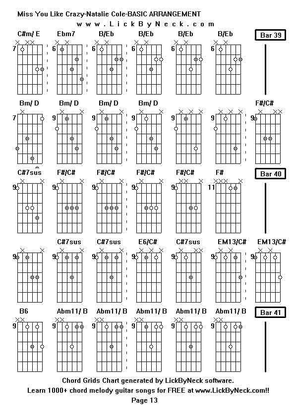 Chord Grids Chart of chord melody fingerstyle guitar song-Miss You Like Crazy-Natalie Cole-BASIC ARRANGEMENT,generated by LickByNeck software.